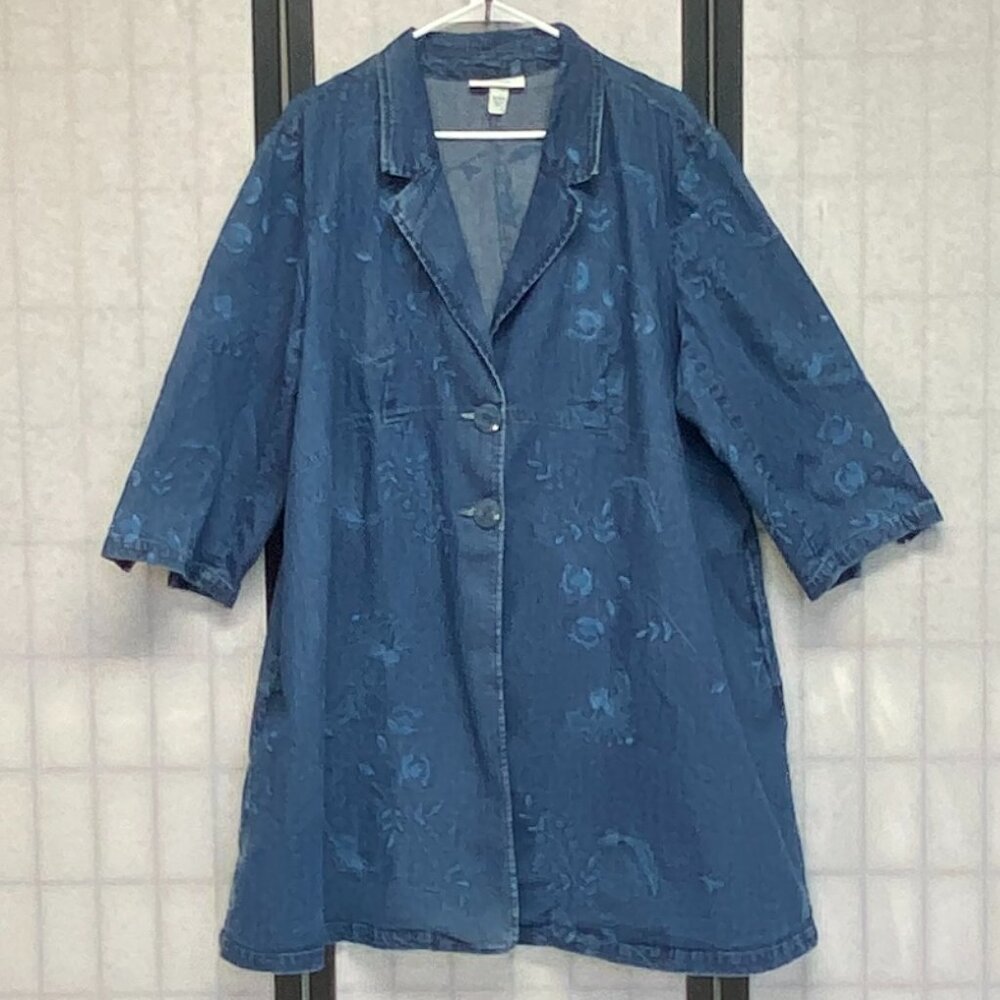 Dressbarn Floral Embroidered 2 Button Long Denim Duster Shacket ¾ Sleeve 18/20W
